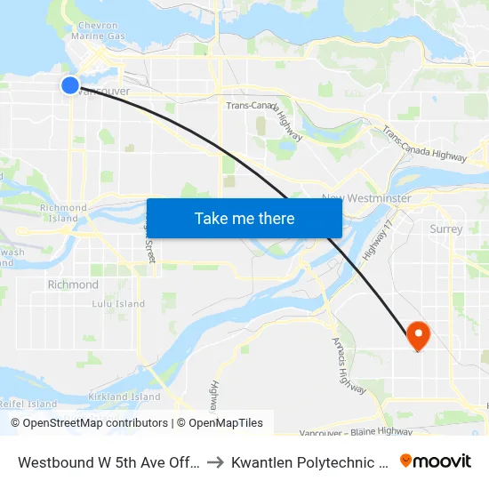 Westbound W 5th Ave Offramp @ Granville St to Kwantlen Polytechnic University (Surrey) map