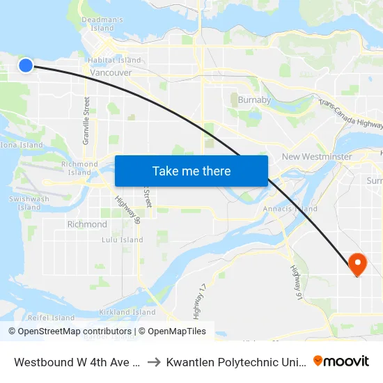 Westbound W 4th Ave @ 4100 Block to Kwantlen Polytechnic University (Surrey) map
