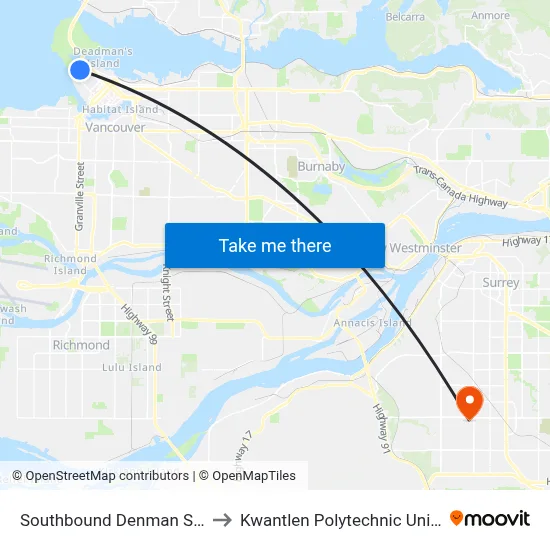 Southbound Denman St @ Barclay St to Kwantlen Polytechnic University (Surrey) map