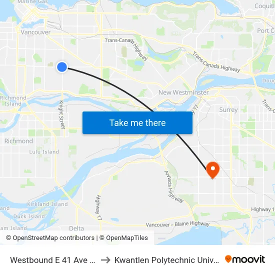 Westbound E 41 Ave @ Knight St to Kwantlen Polytechnic University (Surrey) map