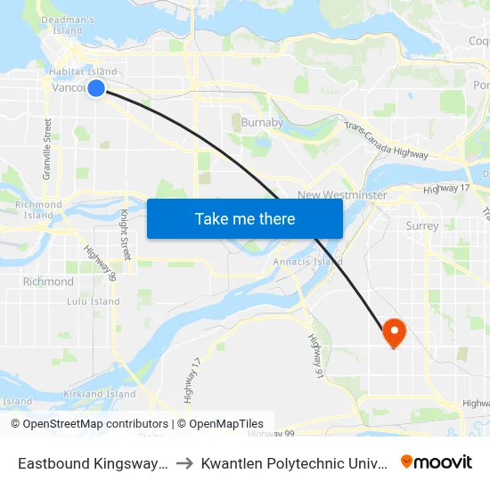 Eastbound Kingsway @ Main St to Kwantlen Polytechnic University (Surrey) map