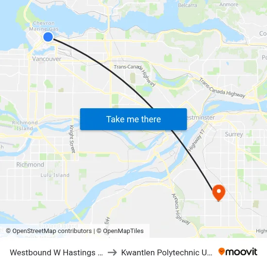 Westbound W Hastings St @ Richards St to Kwantlen Polytechnic University (Surrey) map