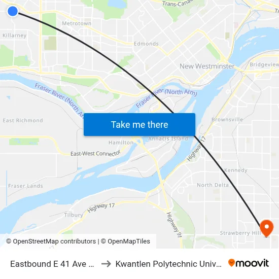 Eastbound E 41 Ave @ Rupert St to Kwantlen Polytechnic University (Surrey) map