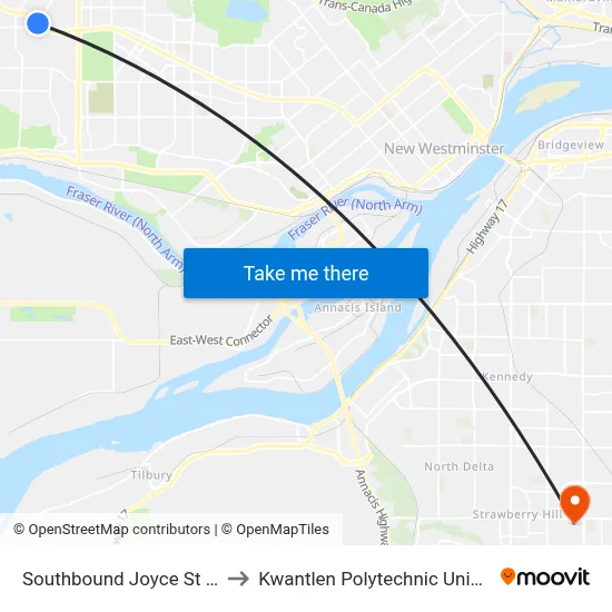 Southbound Joyce St @ Kingsway to Kwantlen Polytechnic University (Surrey) map