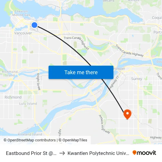 Eastbound Prior St @ Hawks Ave to Kwantlen Polytechnic University (Surrey) map