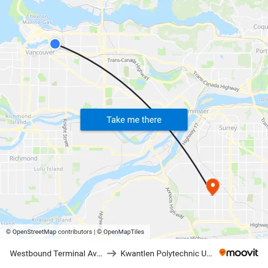 Westbound Terminal Ave @ Thornton St to Kwantlen Polytechnic University (Surrey) map