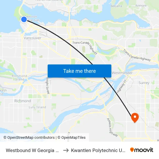 Westbound W Georgia St @ Denman St to Kwantlen Polytechnic University (Surrey) map