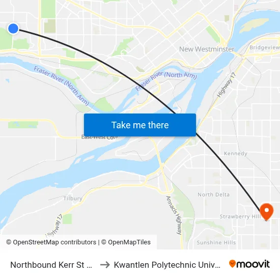 Northbound Kerr St @ E 58 Ave to Kwantlen Polytechnic University (Surrey) map
