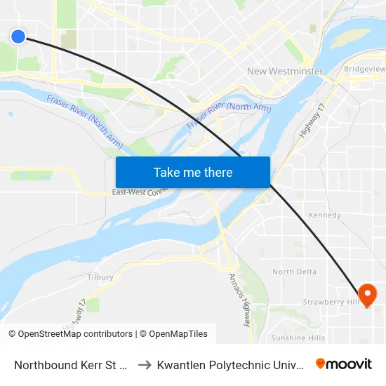 Northbound Kerr St @ E 54 Ave to Kwantlen Polytechnic University (Surrey) map