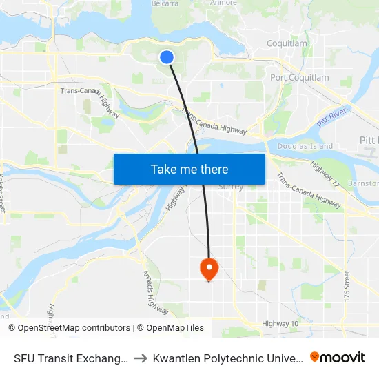 SFU Transit Exchange @ Bay 1 to Kwantlen Polytechnic University (Surrey) map