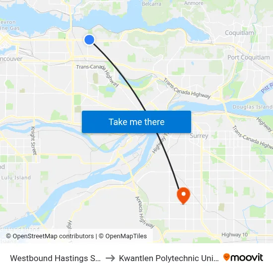 Westbound Hastings St @ Alpha Ave to Kwantlen Polytechnic University (Surrey) map