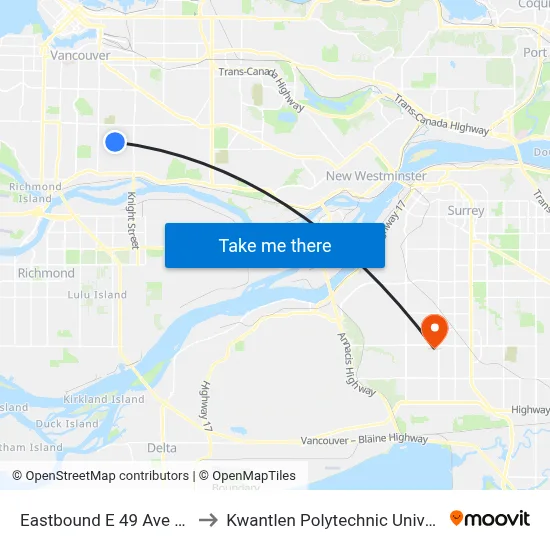 Eastbound E 49 Ave @ Fraser St to Kwantlen Polytechnic University (Surrey) map