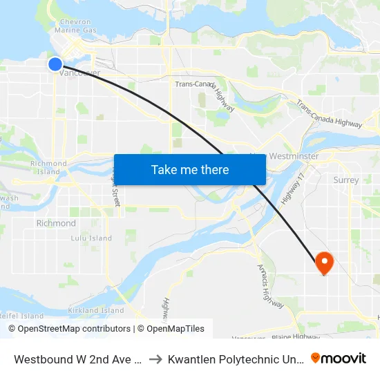 Westbound W 2nd Ave @ Anderson St to Kwantlen Polytechnic University (Surrey) map