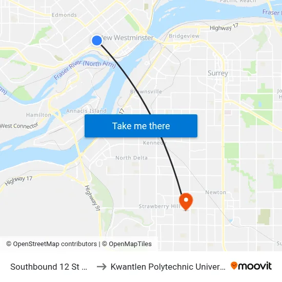 Southbound 12 St @ 6th Ave to Kwantlen Polytechnic University (Surrey) map