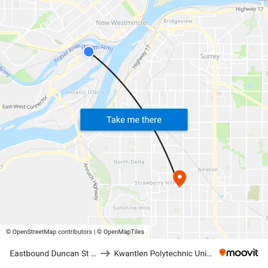 Eastbound Duncan St @ Stanley St to Kwantlen Polytechnic University (Surrey) map
