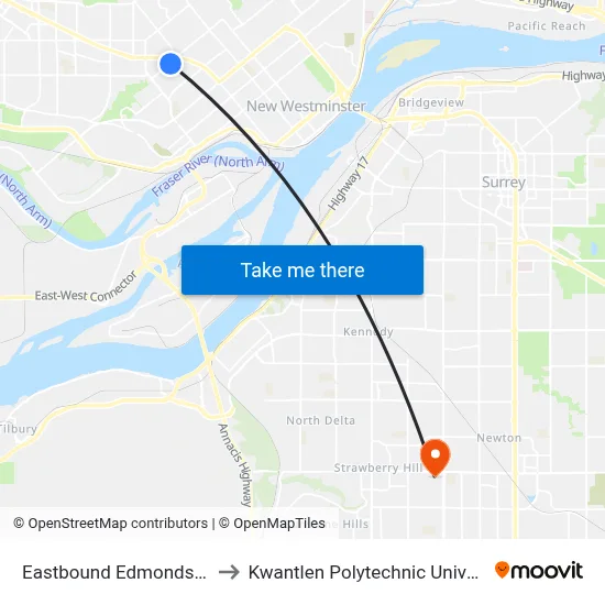 Eastbound Edmonds St @ 16 St to Kwantlen Polytechnic University (Surrey) map