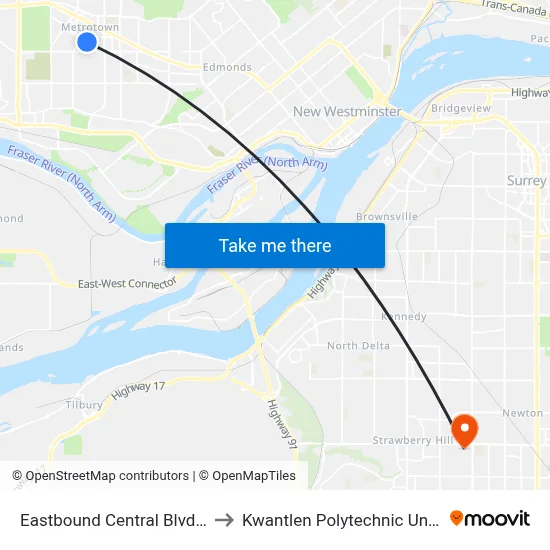 Eastbound Central Blvd @ 4500 Block to Kwantlen Polytechnic University (Surrey) map