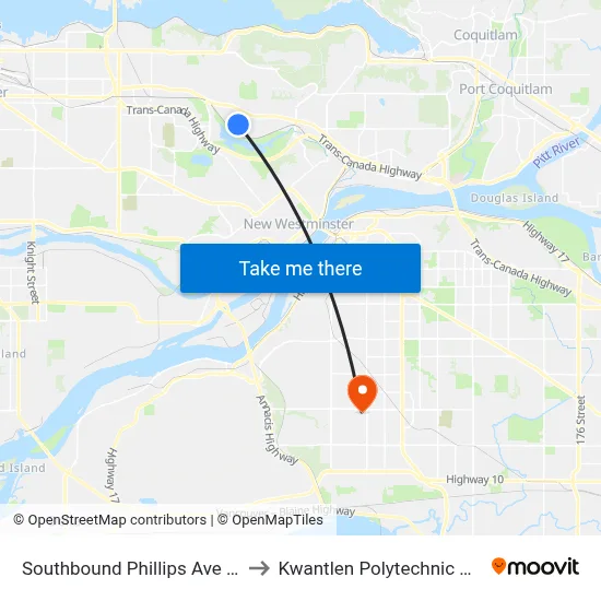 Southbound Phillips Ave @ Government Rd to Kwantlen Polytechnic University (Surrey) map