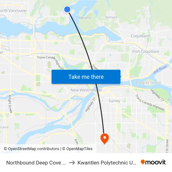 Northbound Deep Cove Rd @ Badger Rd to Kwantlen Polytechnic University (Surrey) map