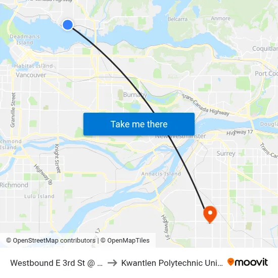 Westbound E 3rd St @ Ridgeway Ave to Kwantlen Polytechnic University (Surrey) map