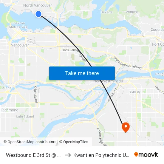 Westbound E 3rd St @ St. Andrews Ave to Kwantlen Polytechnic University (Surrey) map