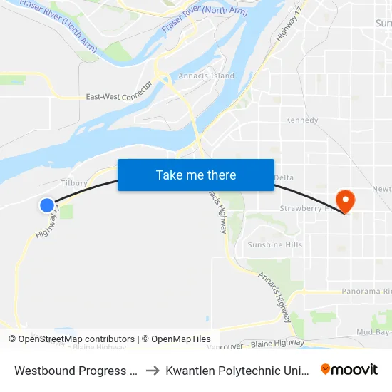 Westbound Progress Way @ 76 St to Kwantlen Polytechnic University (Surrey) map