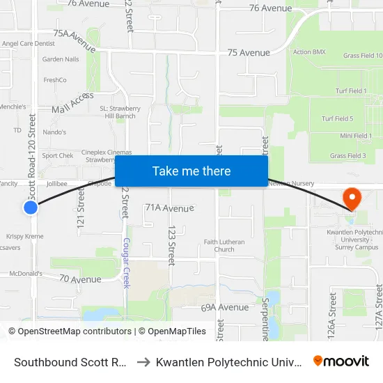 Southbound Scott Rd @ 72 Ave to Kwantlen Polytechnic University (Surrey) map