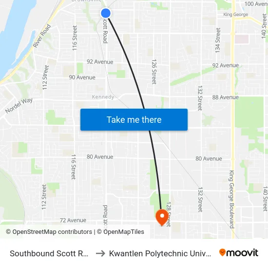 Southbound Scott Rd @ 99 Ave to Kwantlen Polytechnic University (Surrey) map