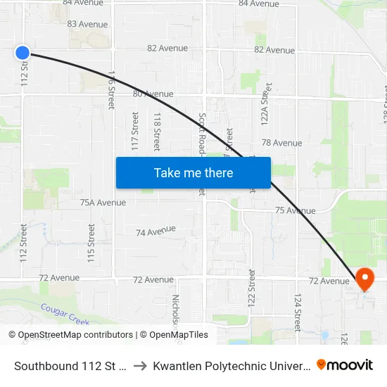 Southbound 112 St @ 82 Ave to Kwantlen Polytechnic University (Surrey) map