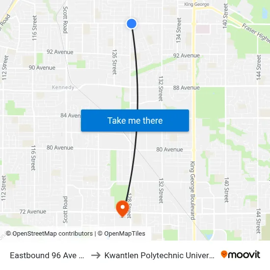 Eastbound 96 Ave @ 128 St to Kwantlen Polytechnic University (Surrey) map