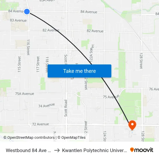 Westbound 84 Ave @ 116 St to Kwantlen Polytechnic University (Surrey) map