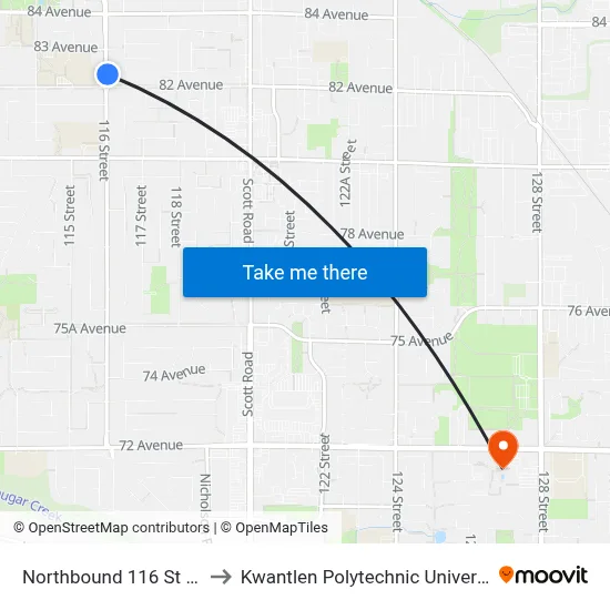 Northbound 116 St @ 82 Ave to Kwantlen Polytechnic University (Surrey) map