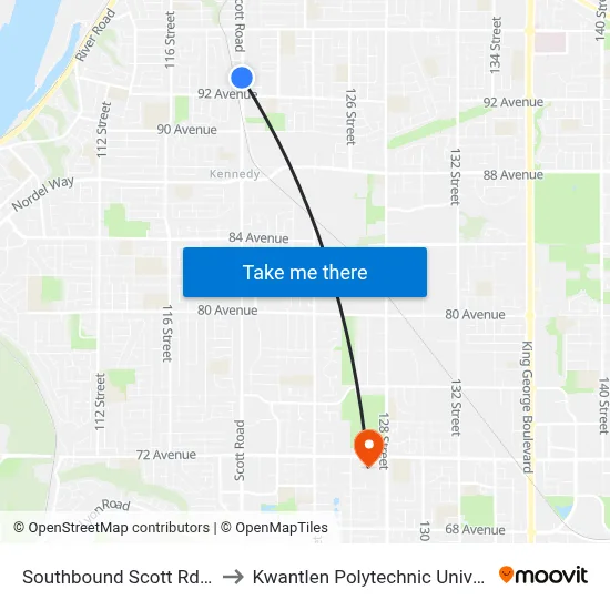 Southbound Scott Rd @ 93a Ave to Kwantlen Polytechnic University (Surrey) map