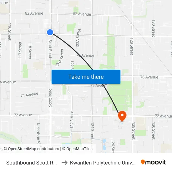 Southbound Scott Rd @ 80 Ave to Kwantlen Polytechnic University (Surrey) map