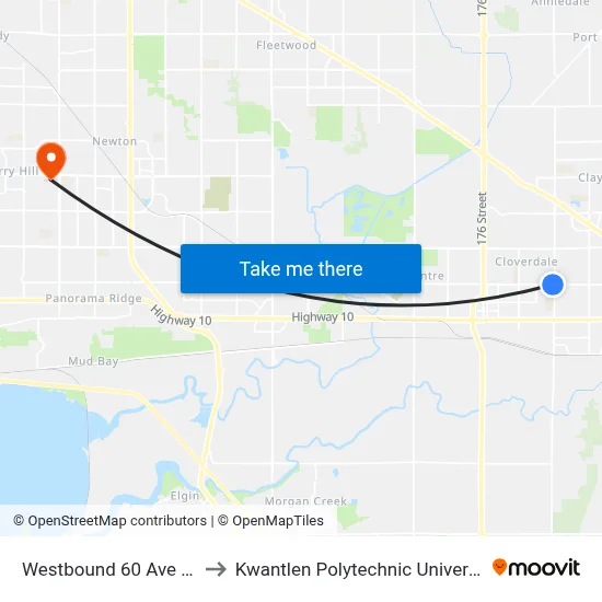 Westbound 60 Ave @ 184 St to Kwantlen Polytechnic University (Surrey) map