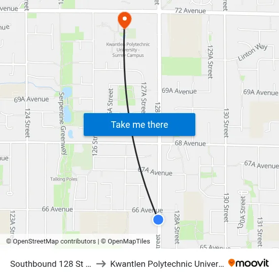 Southbound 128 St @ 66 Ave to Kwantlen Polytechnic University (Surrey) map