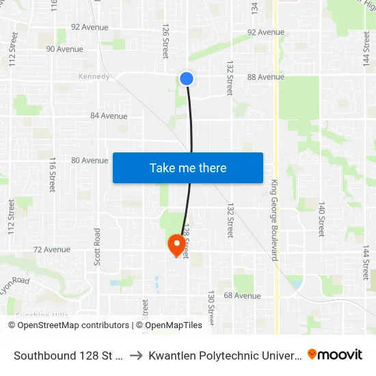 Southbound 128 St @ 88 Ave to Kwantlen Polytechnic University (Surrey) map