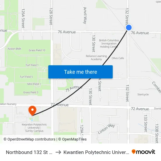 Northbound 132 St @ 76 Ave to Kwantlen Polytechnic University (Surrey) map