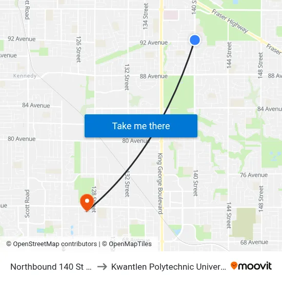 Northbound 140 St @ 92 Ave to Kwantlen Polytechnic University (Surrey) map
