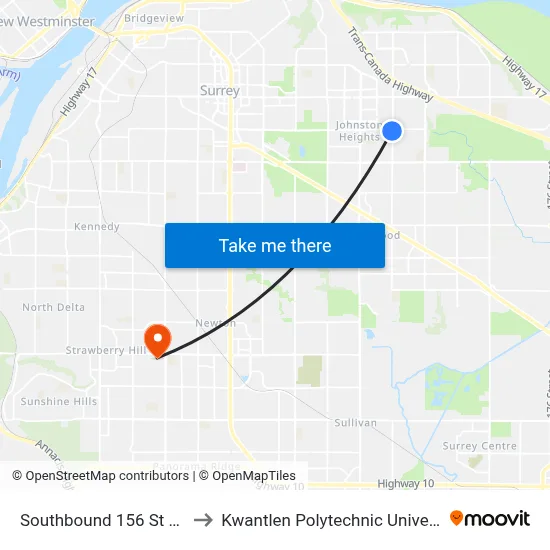 Southbound 156 St @ 100 Ave to Kwantlen Polytechnic University (Surrey) map