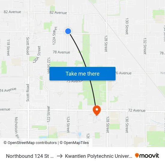 Northbound 124 St @ 80 Ave to Kwantlen Polytechnic University (Surrey) map