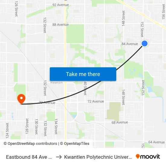 Eastbound 84 Ave @ 152 St to Kwantlen Polytechnic University (Surrey) map