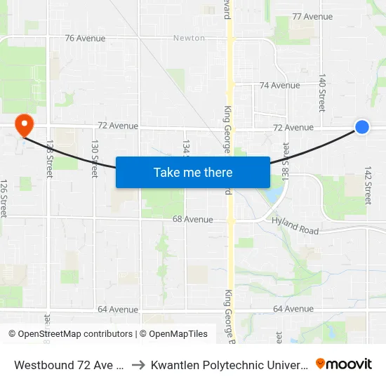 Westbound 72 Ave @ 142 St to Kwantlen Polytechnic University (Surrey) map