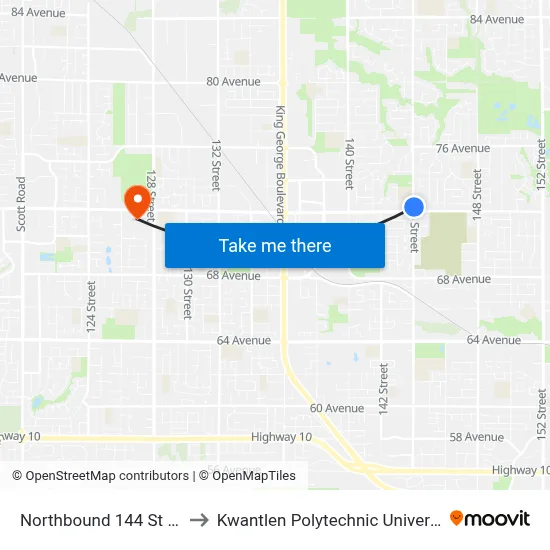 Northbound 144 St @ 72 Ave to Kwantlen Polytechnic University (Surrey) map