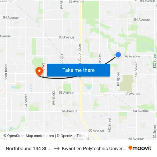 Northbound 144 St @ 76 Ave to Kwantlen Polytechnic University (Surrey) map
