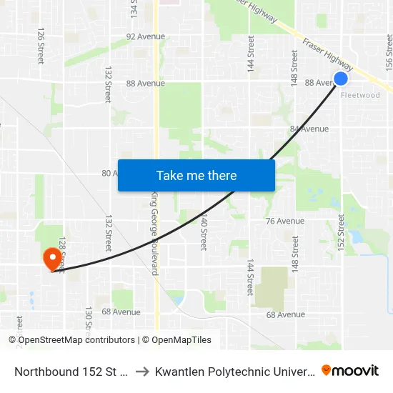 Northbound 152 St @ 88 Ave to Kwantlen Polytechnic University (Surrey) map