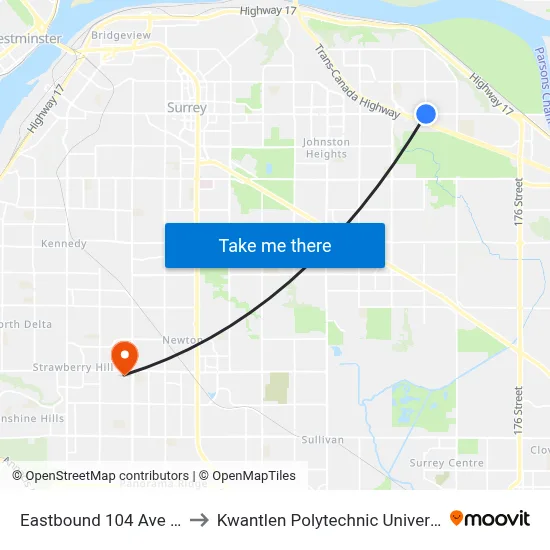 Eastbound 104 Ave @ 164 St to Kwantlen Polytechnic University (Surrey) map