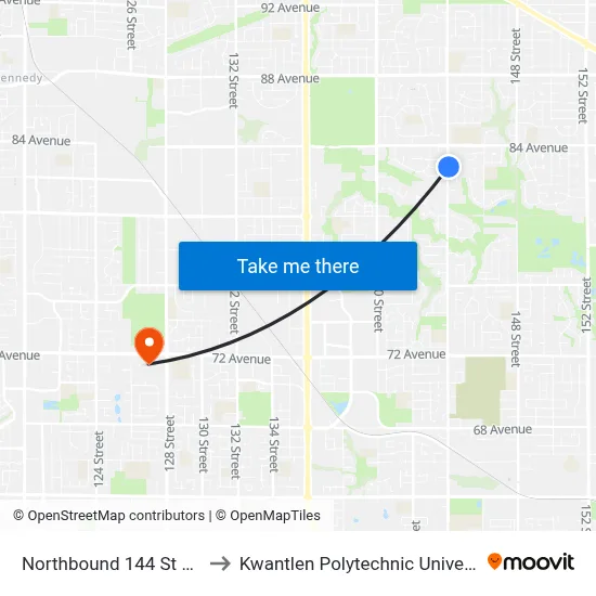 Northbound 144 St @ 82a Ave to Kwantlen Polytechnic University (Surrey) map