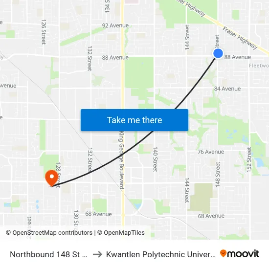 Northbound 148 St @ 88 Ave to Kwantlen Polytechnic University (Surrey) map