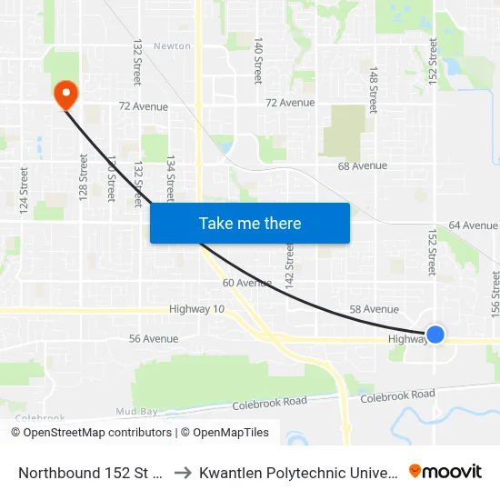 Northbound 152 St @ Hwy 10 to Kwantlen Polytechnic University (Surrey) map